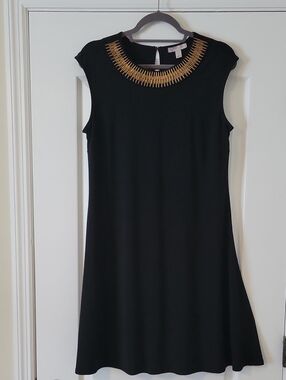 DB Elegant Black Sleeveless Dress with Gold Embellished Neckline